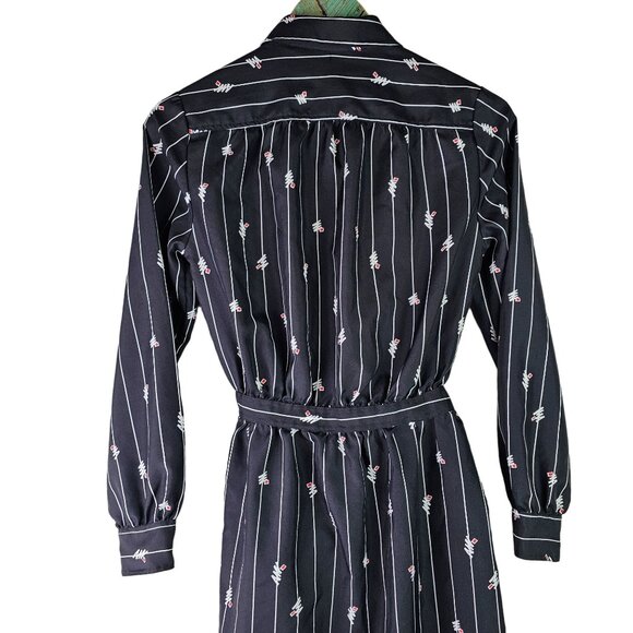 Raoul Striped Geo 80's Style Collared Long Sleeve Light Weight Midi Belted Dress - Picture 4 of 10